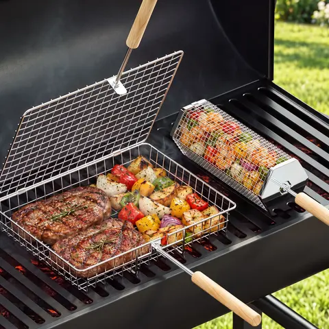 ivtivfu Grill Basket Set (2PCS) - 304 Stainless Steel, Removable Wooden Handle, Heavy Duty Barbecue Utensils, for Bbq Sessions, Cook Veggies Shrimp Fish, Premium Packaging, Dad Gifts