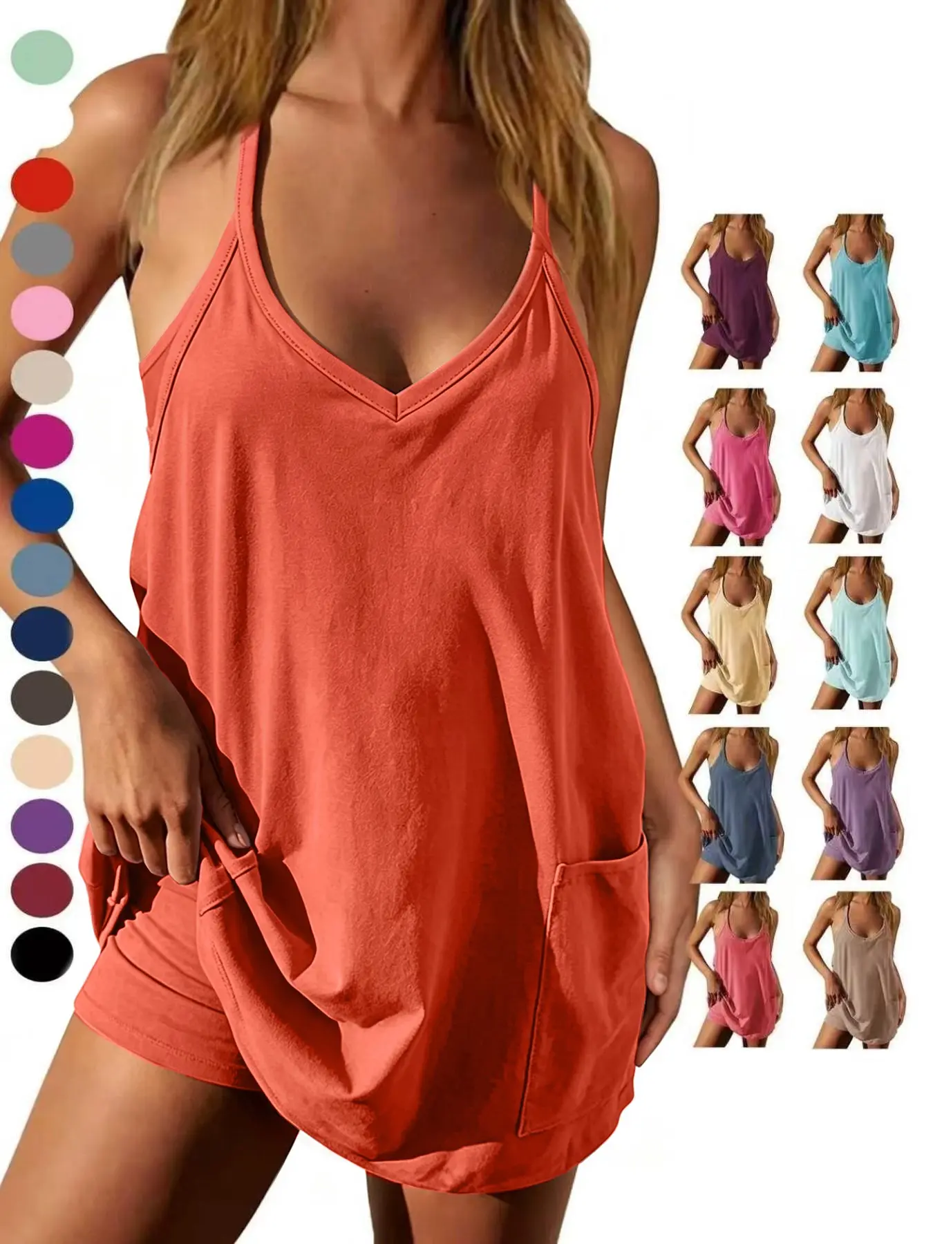 Women's Summer Sleeveless Mini Dress with Built In Shorts, V Neck Spaghetti Straps, Casual Loose-Fitting Dress with Pockets, Tank Top Dress