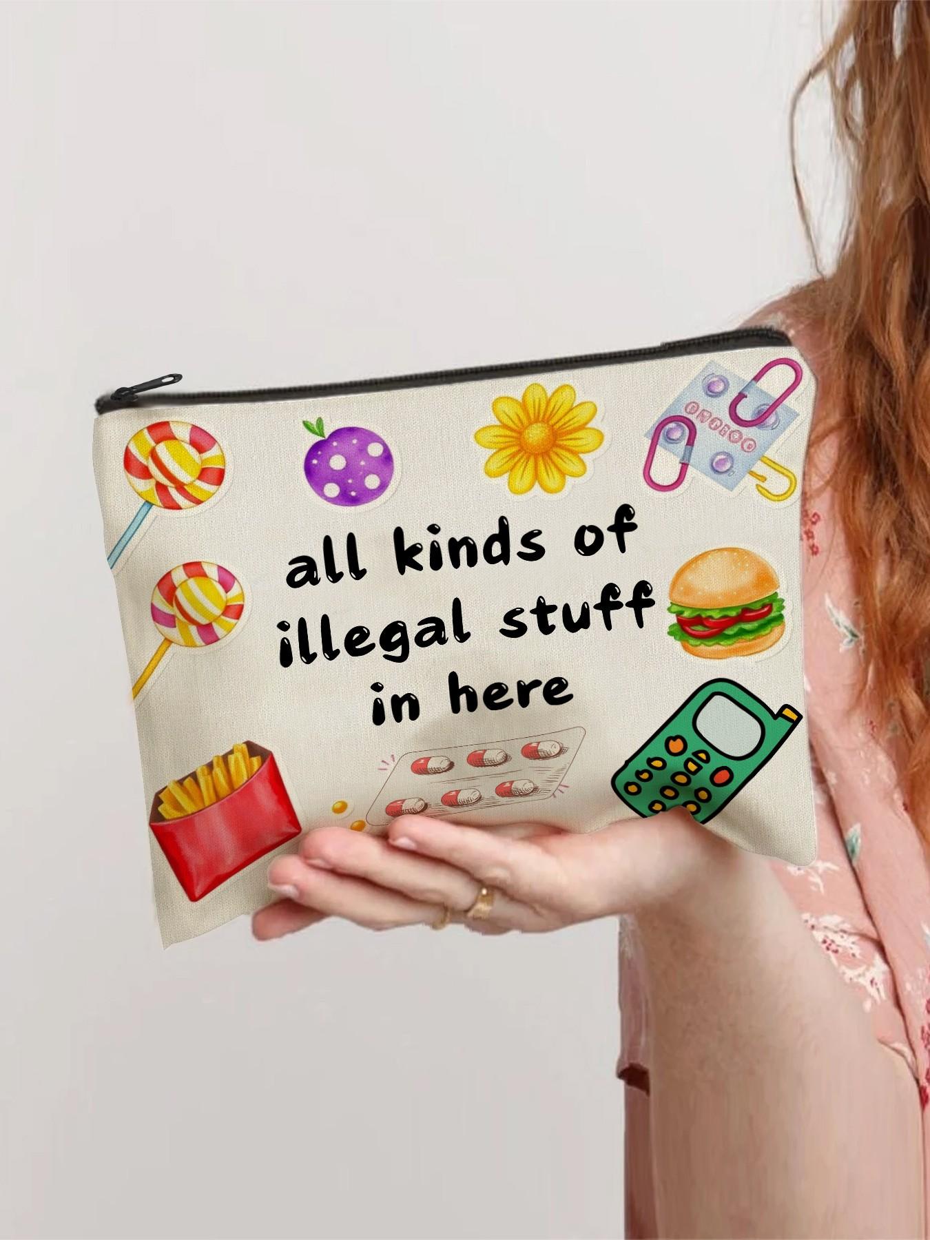 Edgy Humor Makeup Bag, Canvas Pouch with Various Items Quote, Candy, Burger, Pills, Phone, Vintage Icons, Perfect for Cosmetics