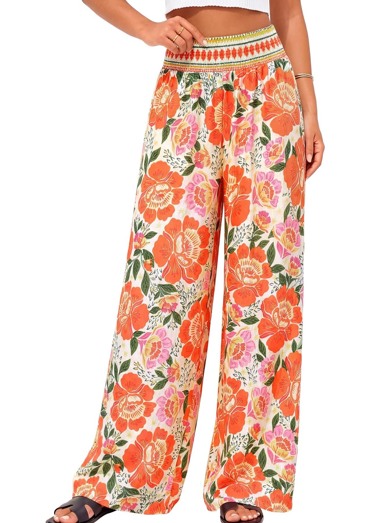 New Summer Bohemian Casual Comfortable High-Waisted Elastic Loose Wide-Leg Bottom Pants, Printed Floral Long Trouser Pants for Women, Essential for Daily and Vacation Wear