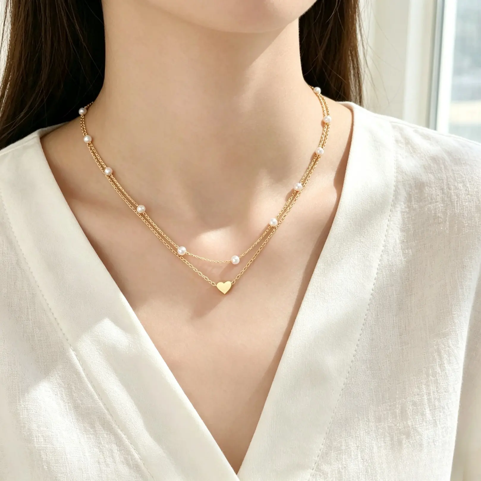 2Pcs Layered Faux Pearl & Heart Pendant Necklace, Elegant Dainty Chain Necklaces, All-match Fashion Jewelry Accessory For Women And Girls, Suitable For Daily Casual Outfits
