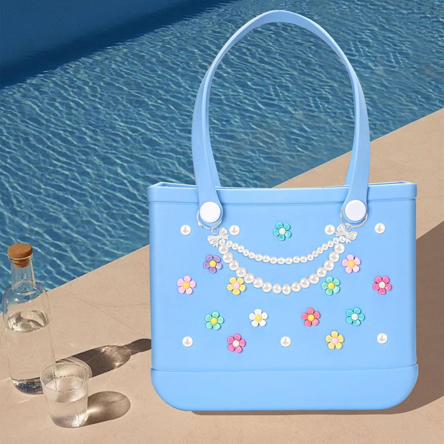 h-33  Charms for Bogg Bag, Pearls and Flowers for Bogg Bag Accessories Compatible with Simply Southern Beach Bag Tote, Insert for Rubber Beach Tote Accessories (25 Pcs)