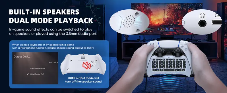 MENEEA Ergonomic Plastic Wireless Video Game Controller Full Game Keyboard for PS5 - Bluetooth 3.0 Mini Size, Built-in Speaker, 3.5MM Audio Jack, Separate Charging for Voice Chat, No Additional Software Needed, PS5 Accessories