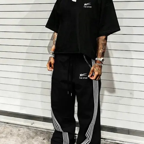 Men's Preppy Two-Piece Matching Set, T-shirt and Trousers for All Seasons, Letter and Star Patterns, Knitted Fabric, Suitable for Casual Everyday Wear, Knit Clothing Sets