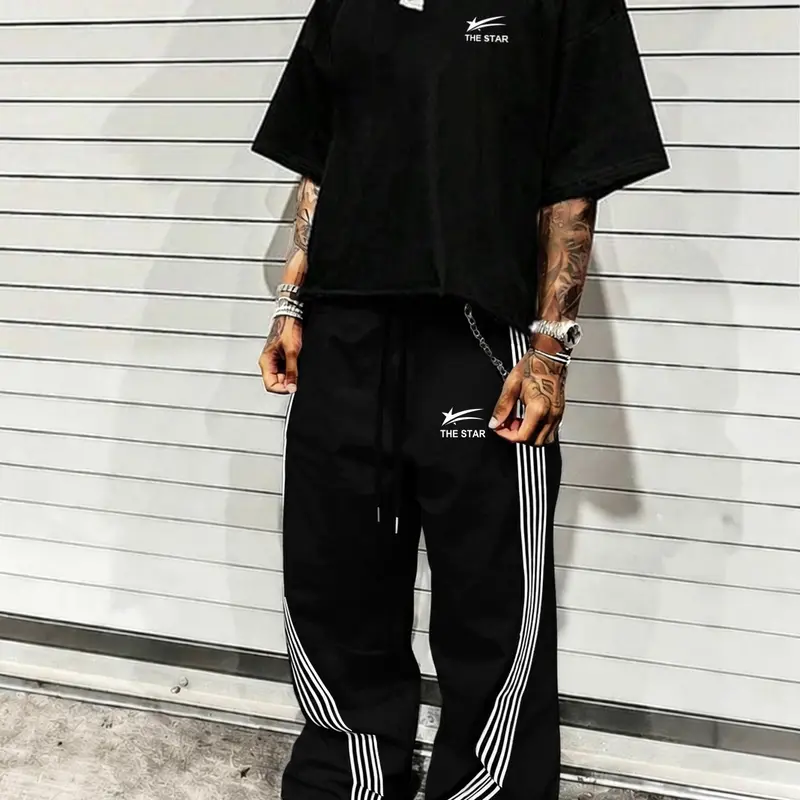 Men's Preppy Two-Piece Matching Set, T-shirt and Trousers for All Seasons, Letter and Star Patterns, Knitted Fabric, Suitable for Casual Everyday Wear, Knit Clothing Sets