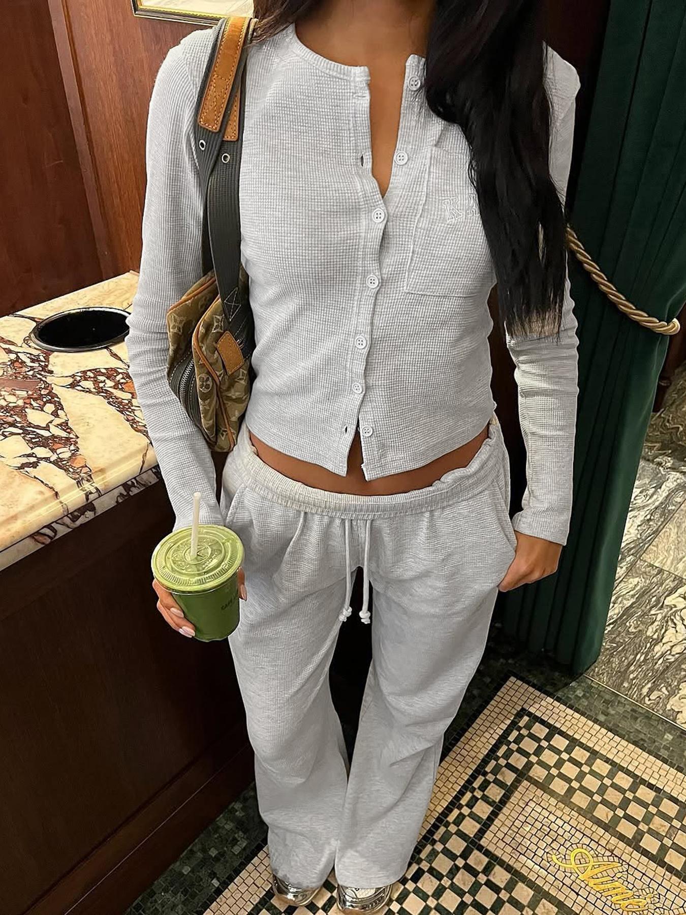 Women's Casual Slim Fit Long Sleeve Crop Top & Pants Set, Solid Color Two-Piece for Fall Season, Comfortable Fitted Clothing Ensemble