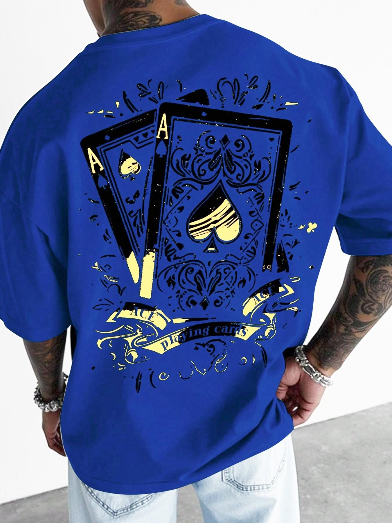 Men's Casual Short-Sleeve T-Shirt, Long Vintage Street Style Ace of Spades Playing Card Print, Loose and Versatile Top, Suitable for Hip-Hop Fashion, Streetwear and Daily Wear