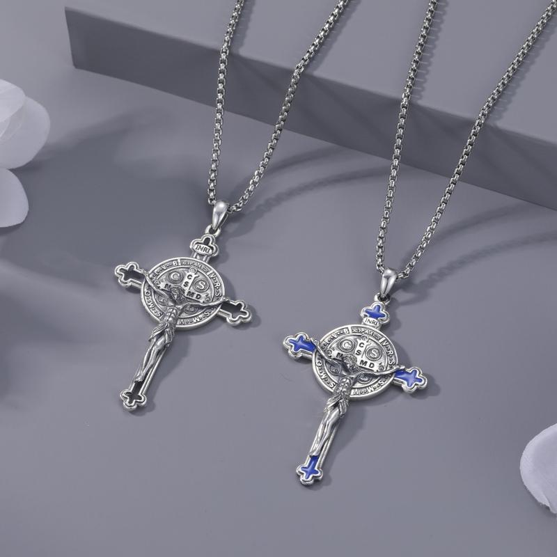 DRINSPER Saint Benedict Cross Necklace 925 Sterling Silver San Benito Pendant Necklace, Pardon Crucifix Necklace, Religious Jewelry for Men Women TikTokShopBlackFriday