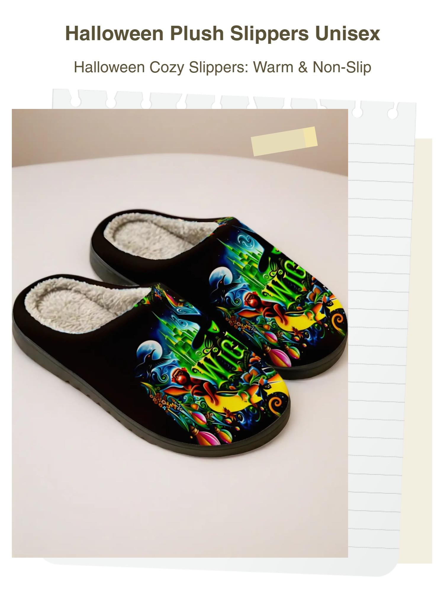 Halloween Graphic Plush Slippers 1 Pair | Dark Art Style | Warm Fleece Lined Anti-Slip Sole | Unisex Cozy Indoor Winter Wear