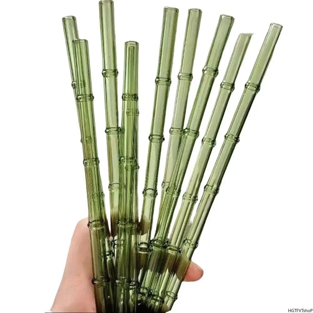 4 Pack Bamboo‑Textured Reusable Glass Straws with Cleaning Brush, Dishwasher Safe Eco‑Friendly Drinking Tubes for Bubble Tea, Coffee, Cocktails, Ideal Party Favors & Daily Household Supplies