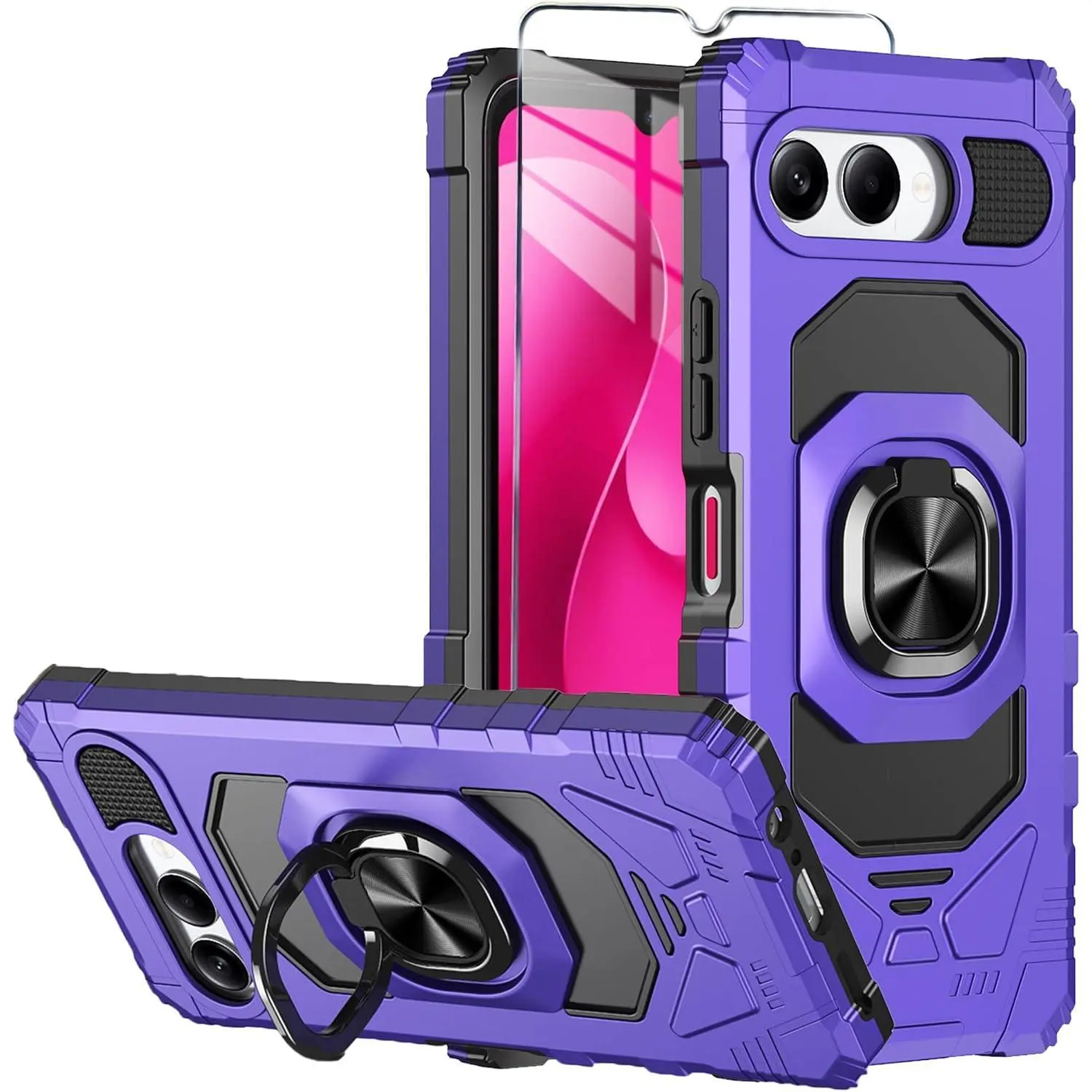 for T-Mobile REVVL 8 Phone Case with Tempered Glass Screen Protector,Military Grade Heavy Duty Shockproof Protective Cover,with Ring Kickstand (Purple)