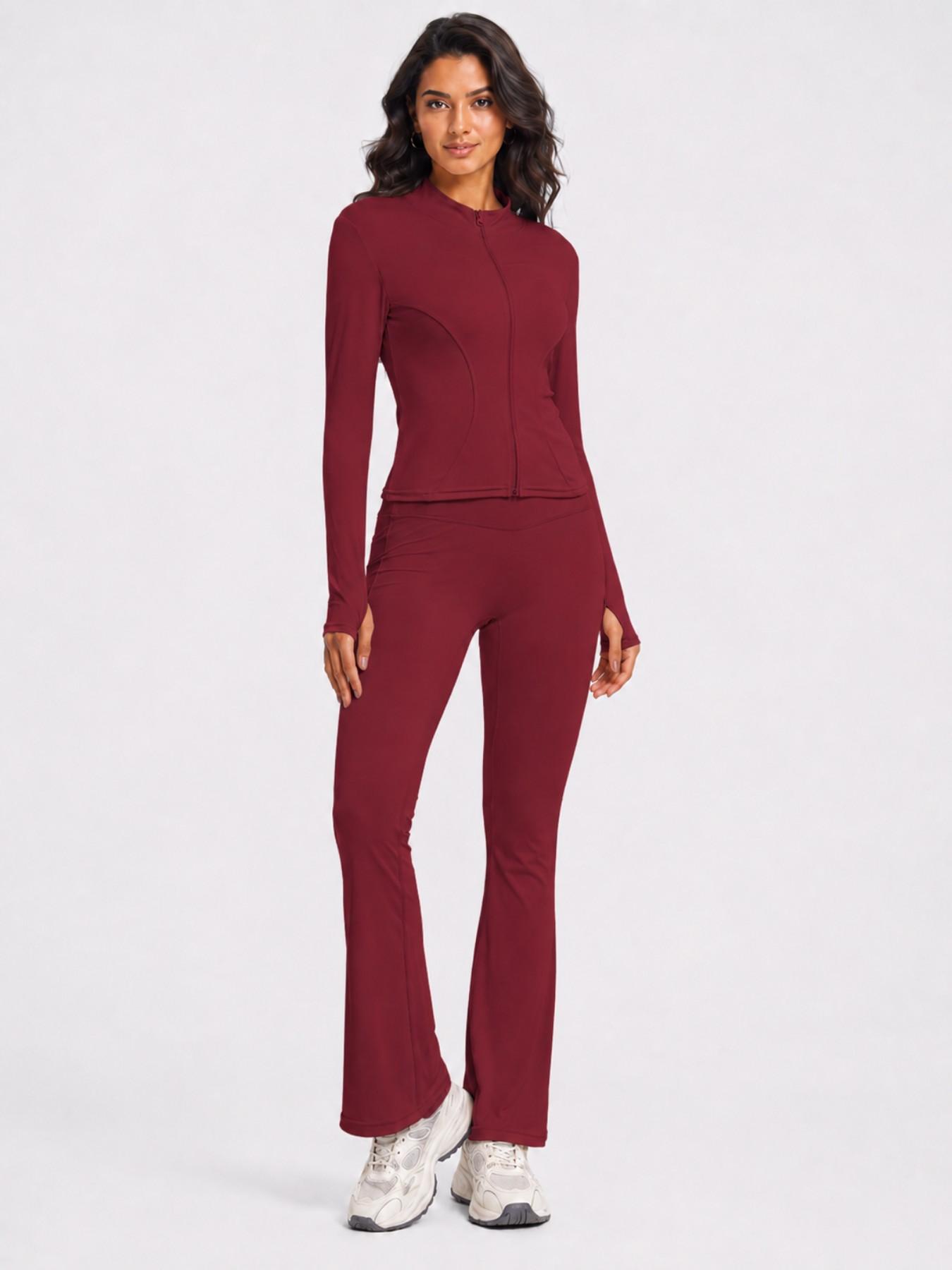 Women's Sport Set 2 Piece Outfits, Slim Fit High Stretch Activewear Running Zip Up Jacket and High Waist Flared Yoga Pants Tracksuit with Pockets Sportswear Set Athletic Clothes Set
