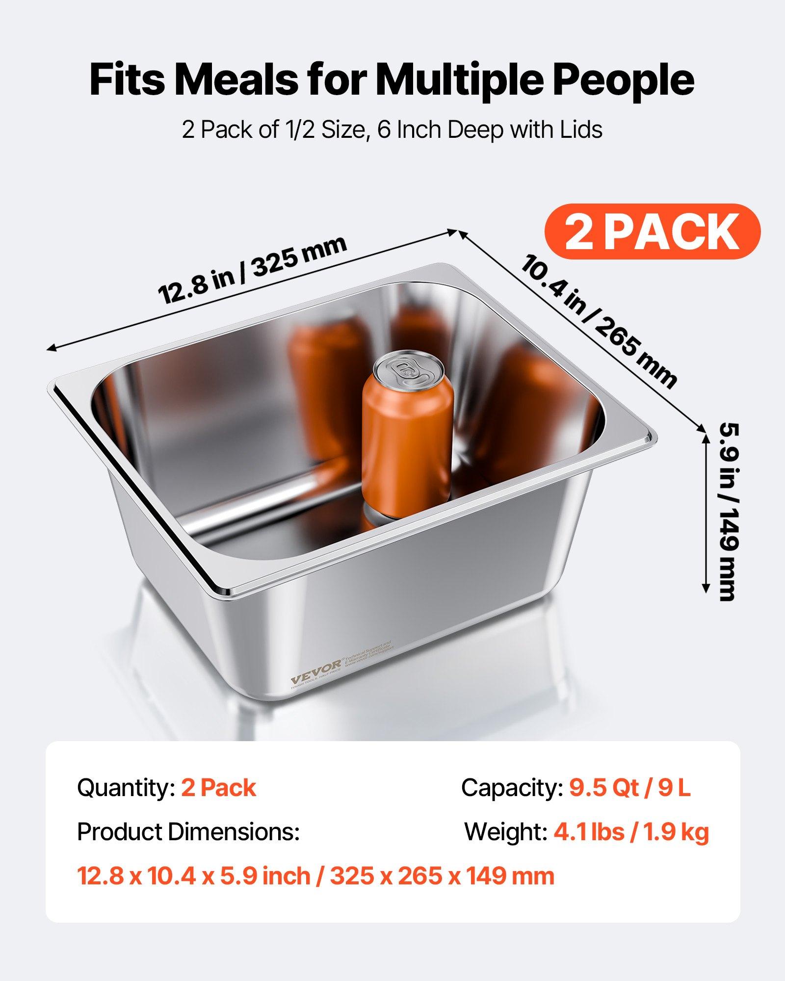 VEVOR 2 Pack Stainless Steam Hotel Pans, 1/2 Size Table Steam Pans With Lids, 6 Inch Deep, Anti Jam Restaurant Supplies Reusable Catering Storage for Home, Party, Restaurant, Hotel, Buffet