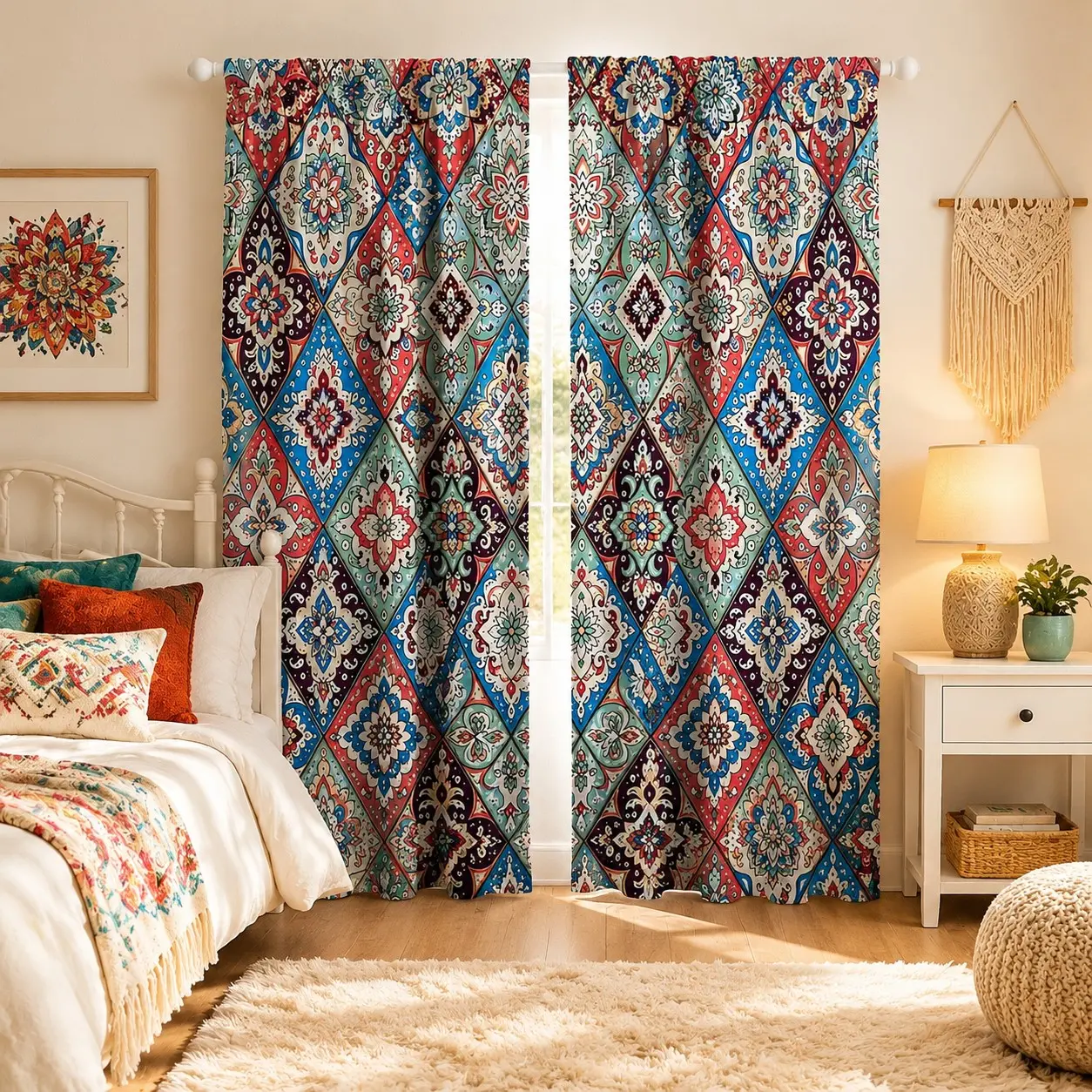 Boho Geometric Rhombus Print Curtains, Blue Ethnic Totem Pattern, Suitable for Bedroom Living Room, Vibrant Exotic Atmosphere