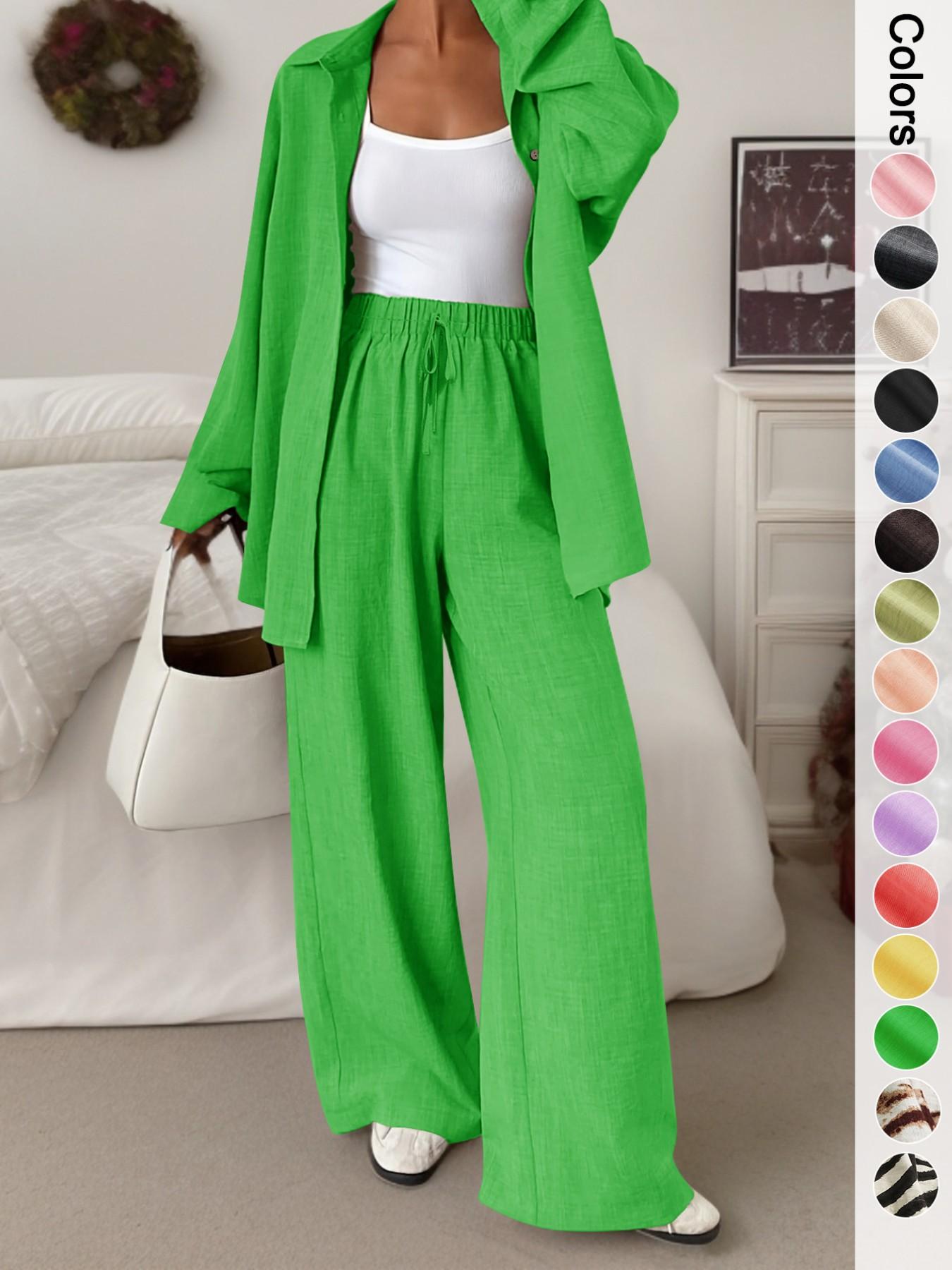 Women's Casual Sporty Shirt Long Pants Set, Loose Button-Up Top Wide Leg Pants Two-Piece Set, Comfortable and Stylish