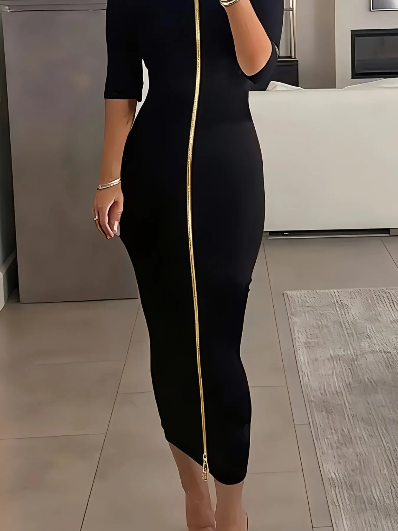 Metal Zipper Dress, Womenswear, 2-in-1 Design, Half-Sleeve Crew-Neck Bodycon Fit Zipper-Front Solid Color Dress, Casual Elegant Chic Lady Style for Spring Summer Autumn, 10308