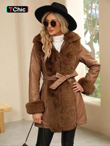 women's pu leather jacket with belt, elegant hooded coat for fall & winter, warm fitted outerwear for casual wear