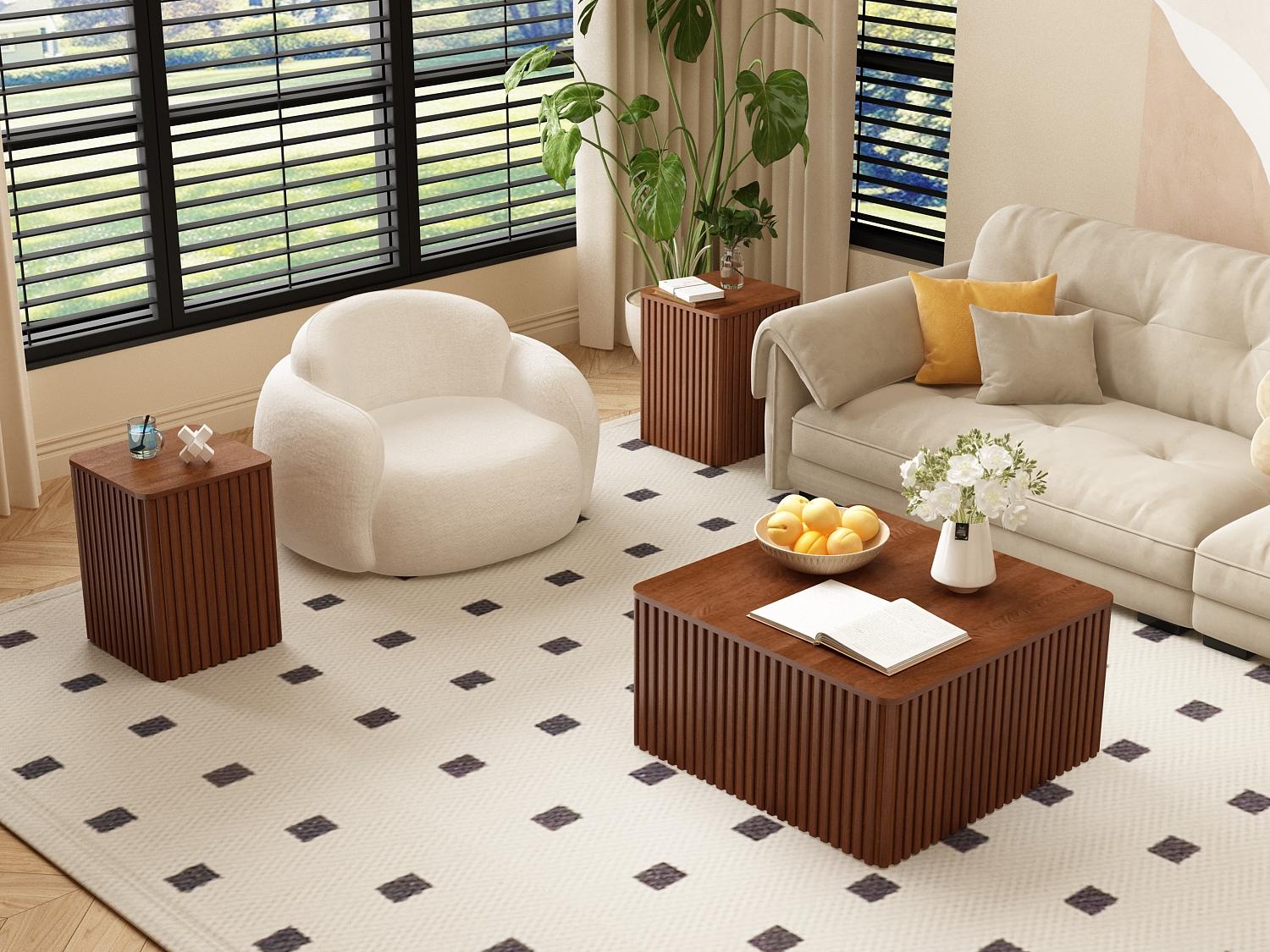 PieDle Furniture Modern Farmhouse Small Square Fluted Accent Table with Storage, Solid Wood Veneer Top, Ideal for Living Room by Couch