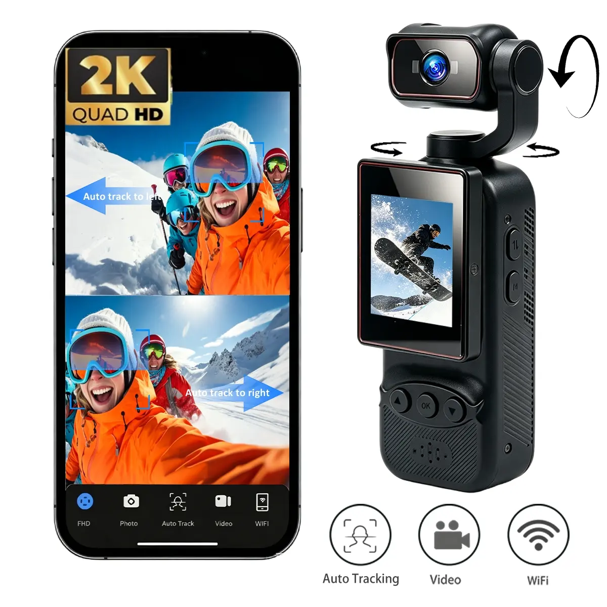 270° Auto‑Rotating Lens Face Tracking Handheld Camcorder, Outdoor Action Camera, 2K Vlogging Camera with 4X Zoom, WiFi Quick Transfer, 32G/64G Memory Card, Filming Camera for Family Outings, Party Gathering & Daily Vlog Content Creation