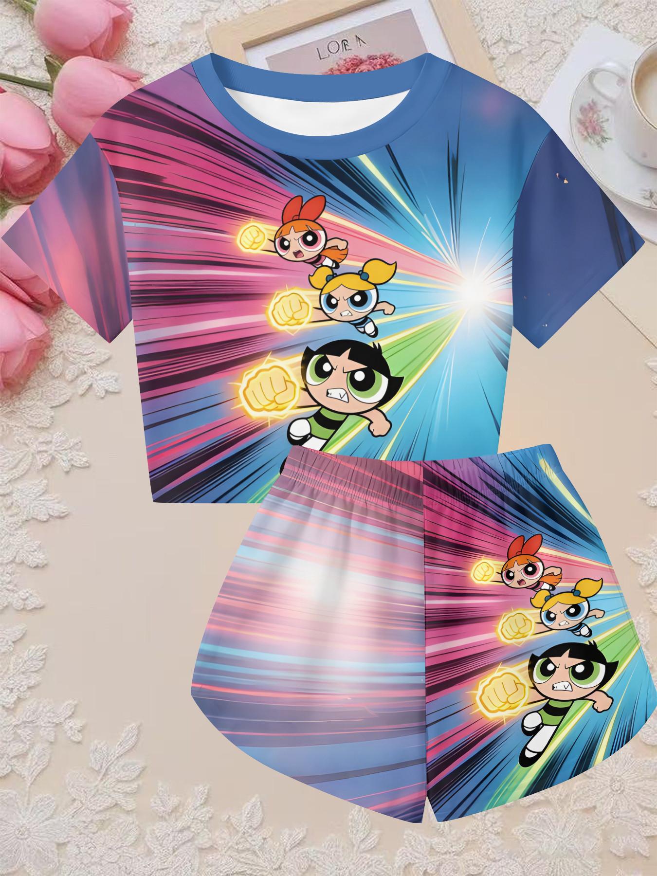 Girls' 3D Short Sleeve Powerpuff Girls Cartoon Set, Dynamic Colorblock Design, Perfect for Parties, Holiday Gifts, Birthday Presents
