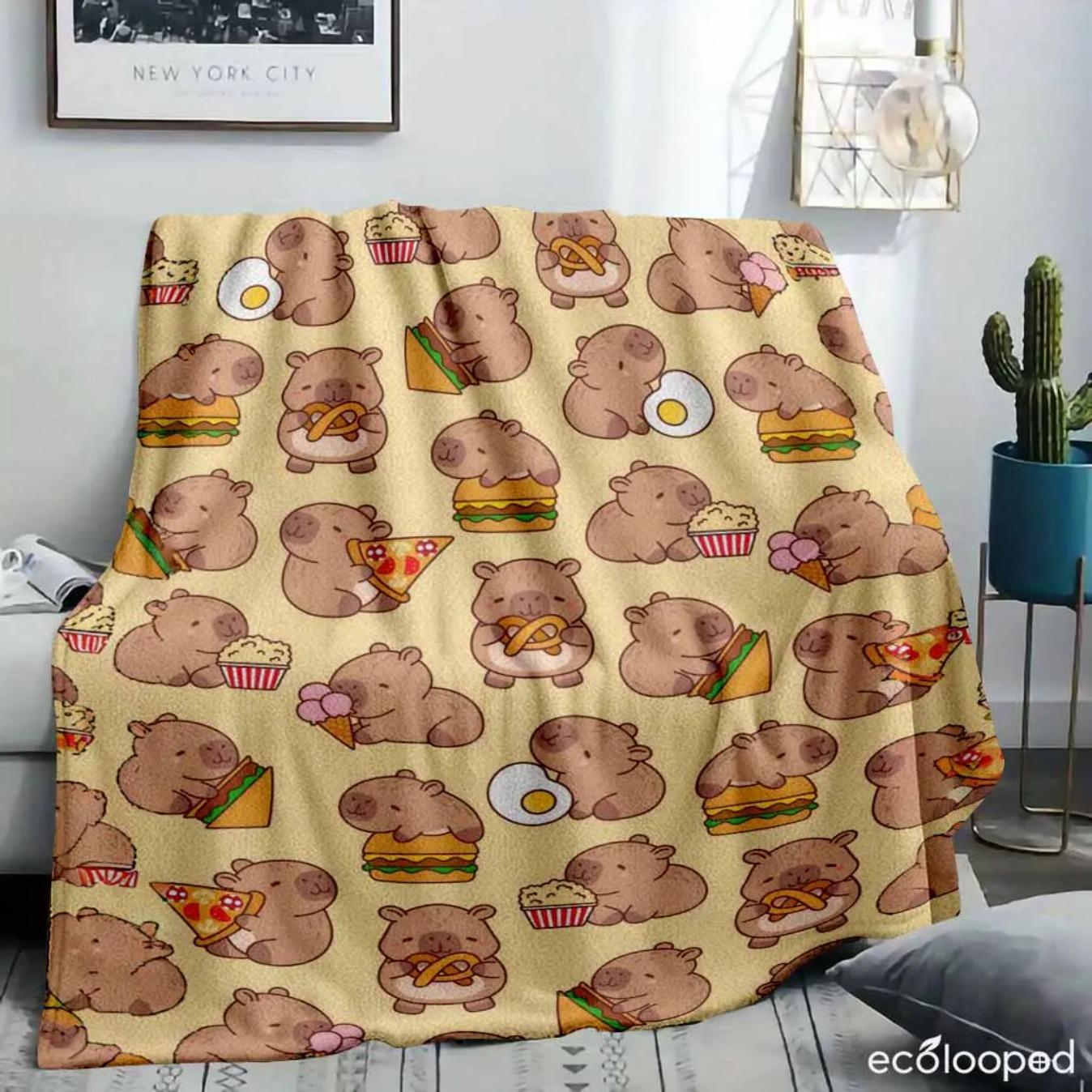 Cute Capybara Foodie Snack Print Flannel Blanket Ultra Soft Cozy Throw for Sofa Bed Travel Camping Home Decor Gift for Birthday & Housewarming