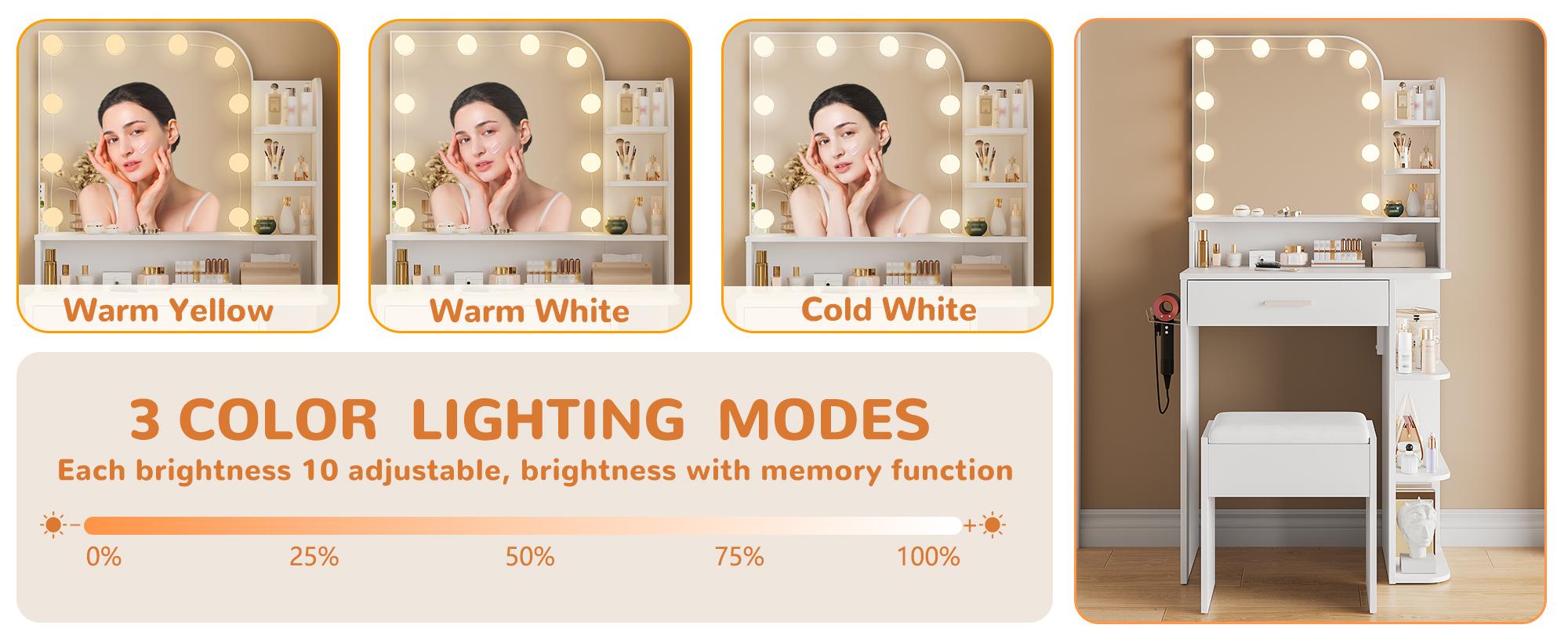 Small Makeup Vanity Desk with Mirror and Lights, 26.4" Small Vanity for Small Space with Stool and Charging Station, Compact Vanity with 3 Color Lighting Modes (White)