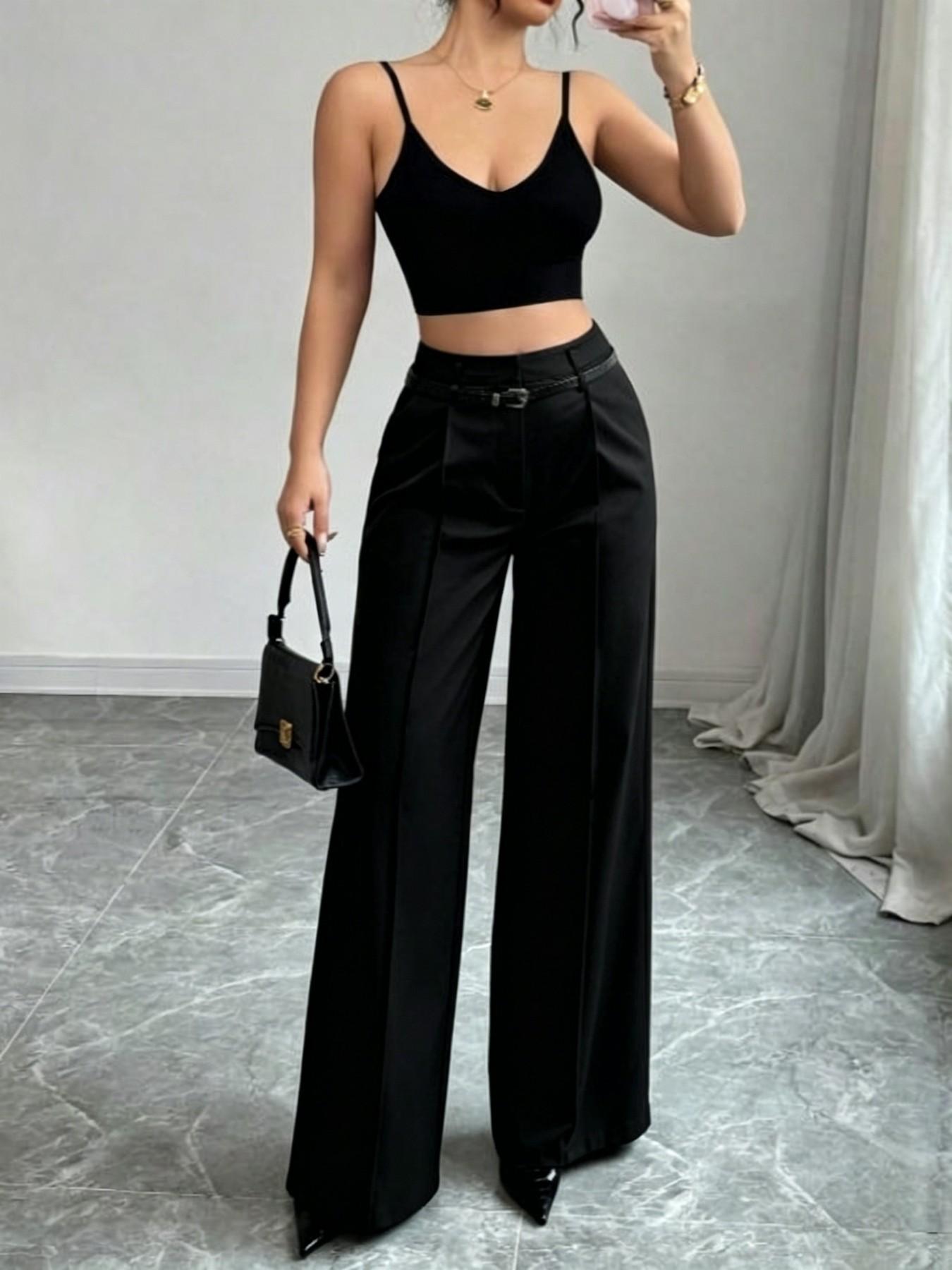 New Women's High-Waisted Wide-Leg Suit Pants, Button Pleated Design with Belt, Casual Elegant Comfortable Style for Daily Commute