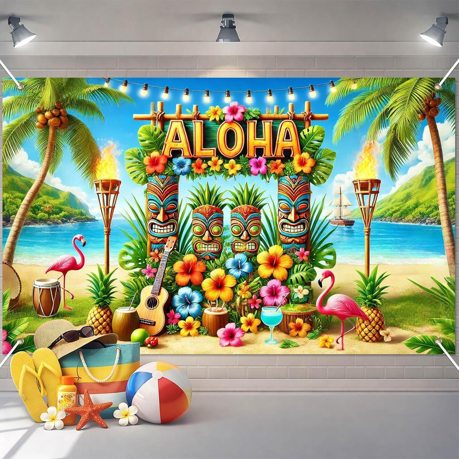 Aloha Hawaii Backdrop Banner, Beach Tropical Photography Decoration, Summer Hawaiian Flamingo Floral Palm Leaves, Party Supplies
