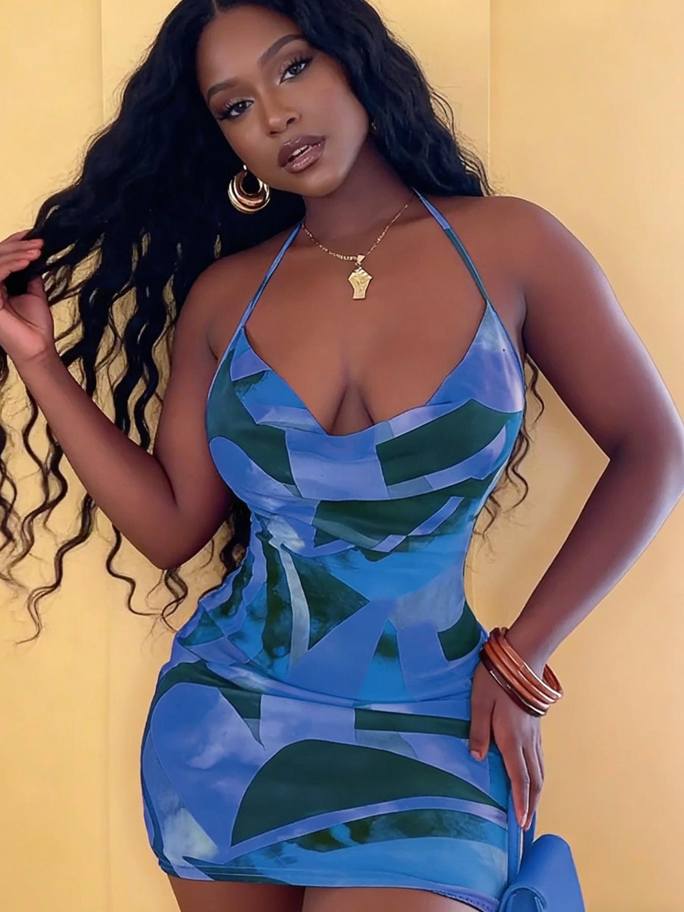 A set of women's casual contrasting printed neck hanging dress with a spicy girl style deep V slim fit hip hugging short skirt for vacation and dating, suitable for summer, suitable for home, indoor, and outdoor wear