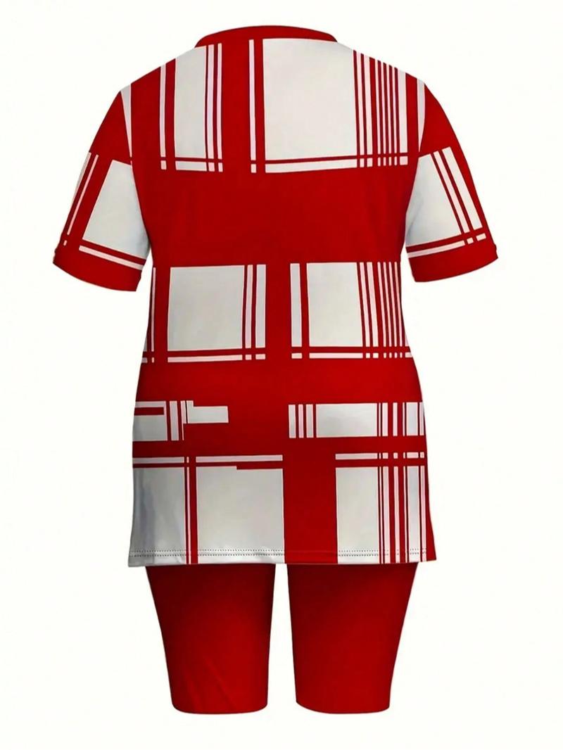 【Plus Size】 Short Sleeve Tee & Skinny Shorts Two-Piece Set, Casual Round Neck T-shirt & Shorts, Women's Outfits for Summer