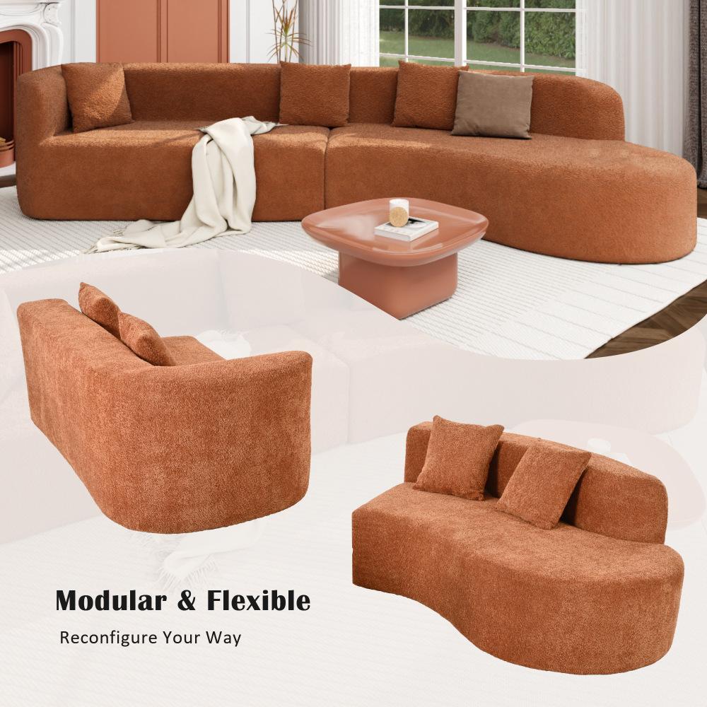 132" Modern Curved Boneless Sectional Sofa Set - 2-Piece Chenille Sturdy Pre-Assembled Couch, Dual-Seater Combo with 4 Pillows, Plush Sponge-Spring Cushions, Spot Clean for Living Room