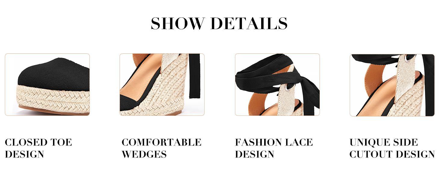 Coutgo Women's Espadrilles Wedge Sandals Platform Closed Toe Ankle Strap Lace Up Summer Shoes