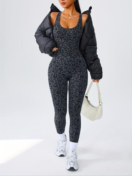 Women's Leopard Print Cross Strap Sleeveless Yoga Jumpsuit, High Elasticity Knit Sportswear Workout Jumpsuits for Autumn Winter, Casual Tight Fit Above Ankle