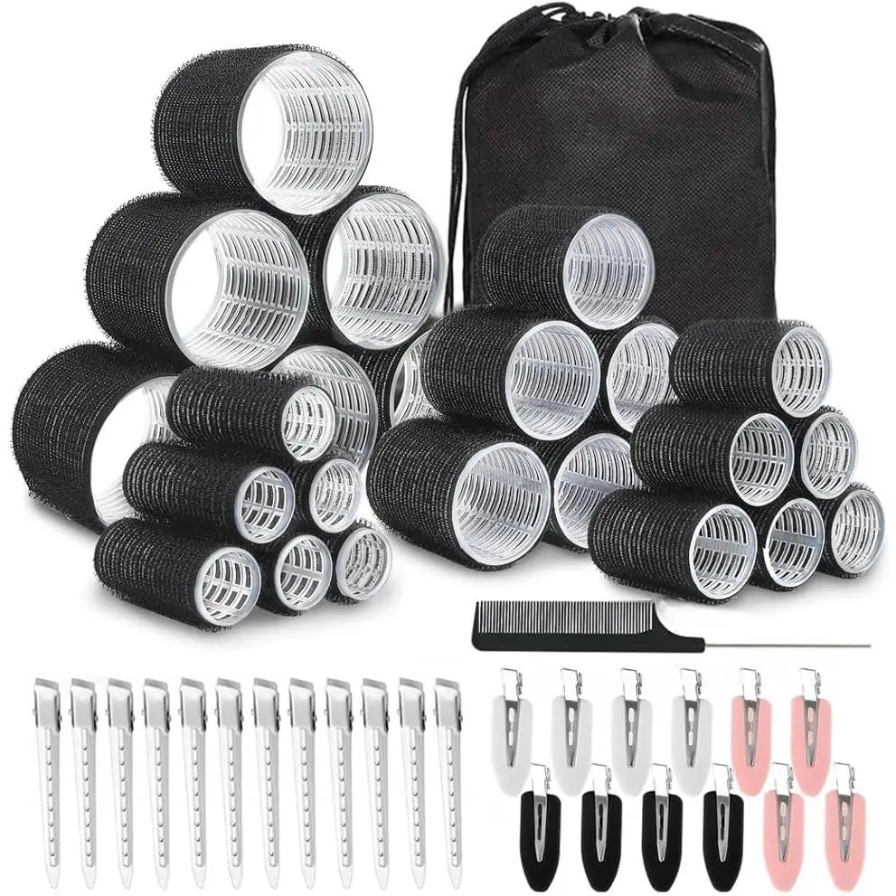 50pcs Hair Rollers with Clips Jumbo Large Medium Small Self Grip Rollers for Big Curlers Roller for Long Medium Short Hair DIY Hairdressing (Black-2, 50Pcs)