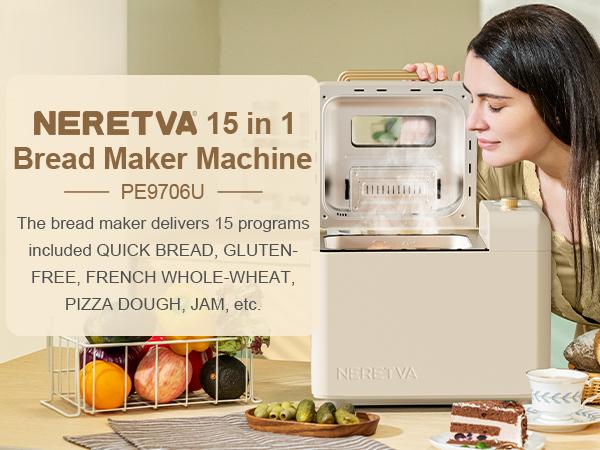 Neretva Bread Machine, 2.2LB 15-in-1 Bread Maker, Dual Heater Breadmaker Machine with Auto Nut Dispenser & Nonstick Ceramic Pan, Bread Maker Machine for Gluten Free, Dough Maker, Sourdough, Yogurt