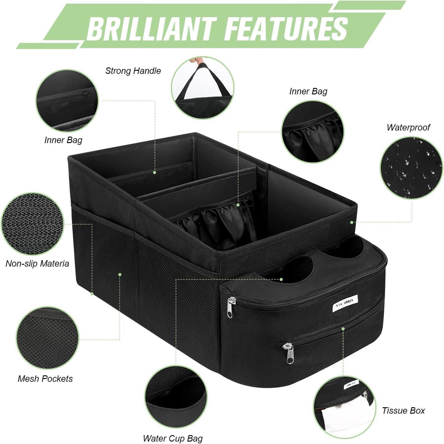 Front Seat Organizer for Van/Auto, Oxford Cloth Foldable Seat Storage with Partitions, 4 Cup Holders, 18x10x9 Inch Compact Fold, Practical Easy-Attach Firm Fixing for Car Interior Storage Space