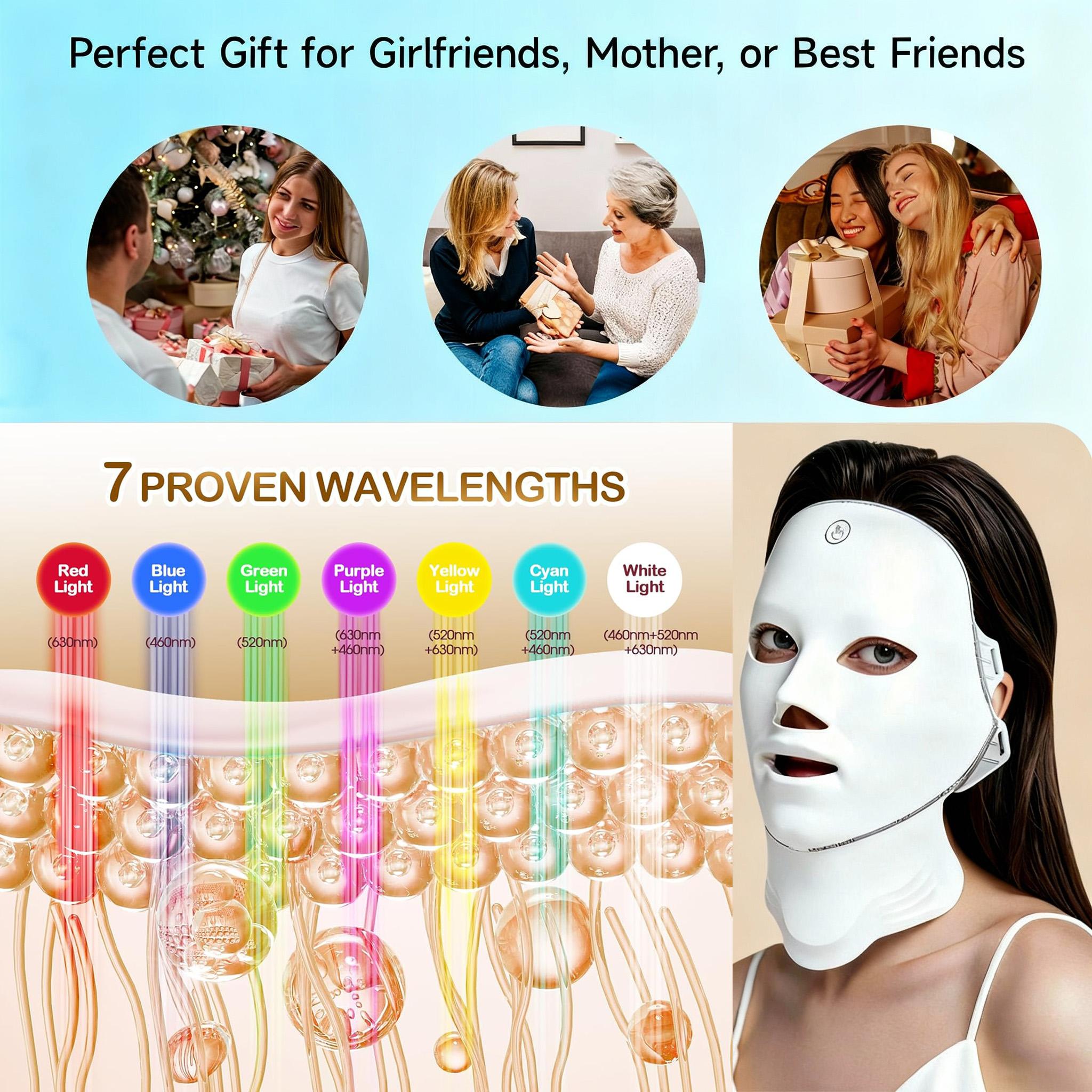 7-Color LED Facial & Neck Mask - LED Face Mask, Red Light Mask, Cordless Rechargeable, Ergonomic & Portable Skincare Kit for Home, Travel, Yoga, Daily Personal Care, Ideal Gift