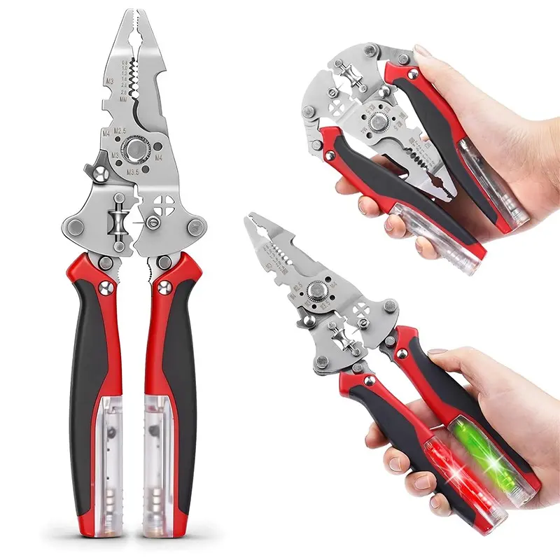 16-in-1 Foldable Wire Stripper with 12-250V Voltage Tester Hand Tools | Supports 10-20 AWG wire stripping, cutting, crimping, twisting, winding and screw cutting for electrical and DIY tasks.