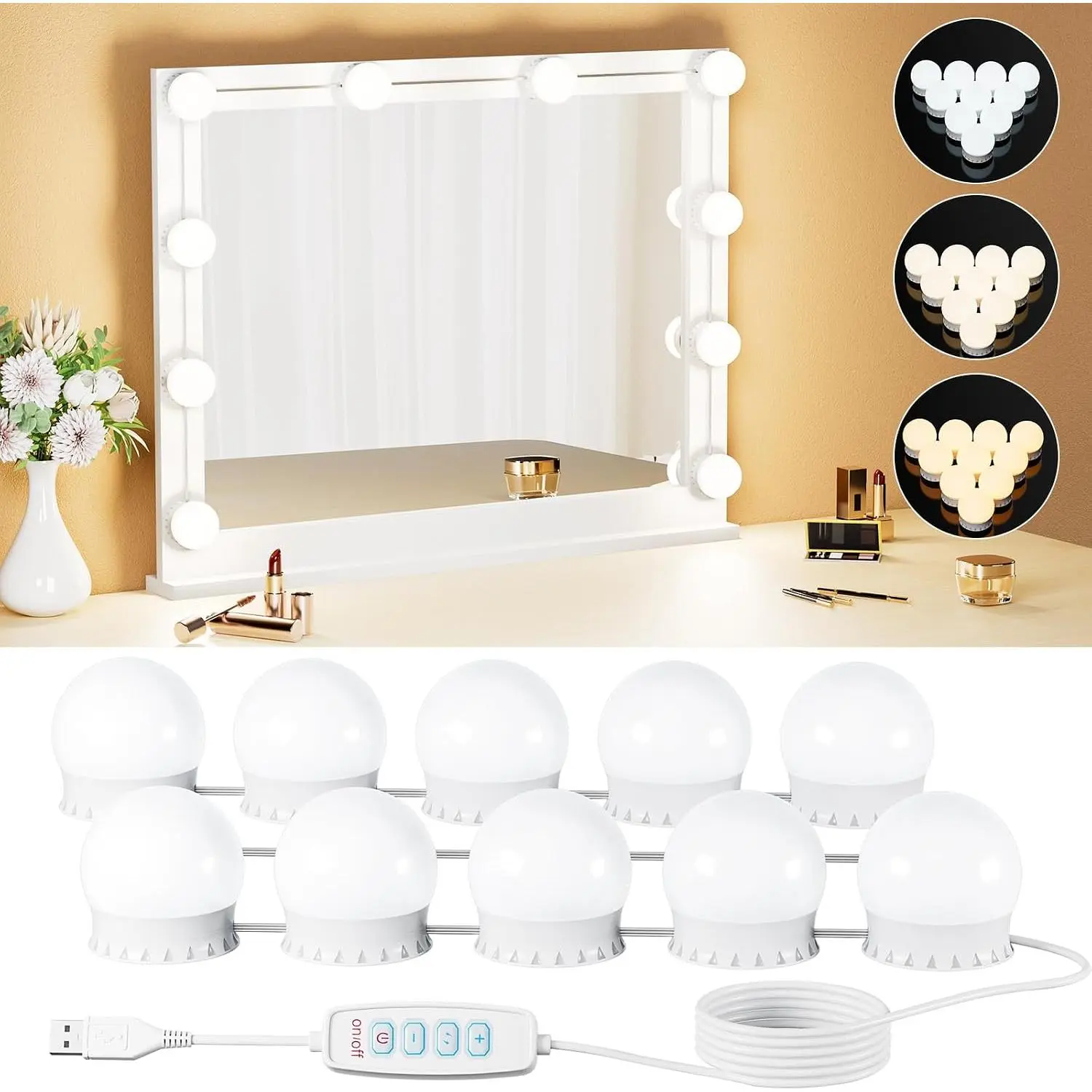 10 Bulbs LED  Lights for Mirror, 3000K 4000K 6500K & 10-Brightness, Wire Length Adjustable, USB , Hollywood Mirror Lights for Makeup Dressing Room Bathroom, White