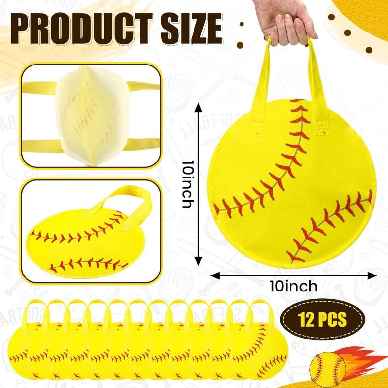12 Pcs Softball Party Favor Bags10*10 Inch Softball Gift Bags with Handle Round Non Woven Gift Pouches for Goodie Candy Snacks Sports Themed Birthday Party Supplies