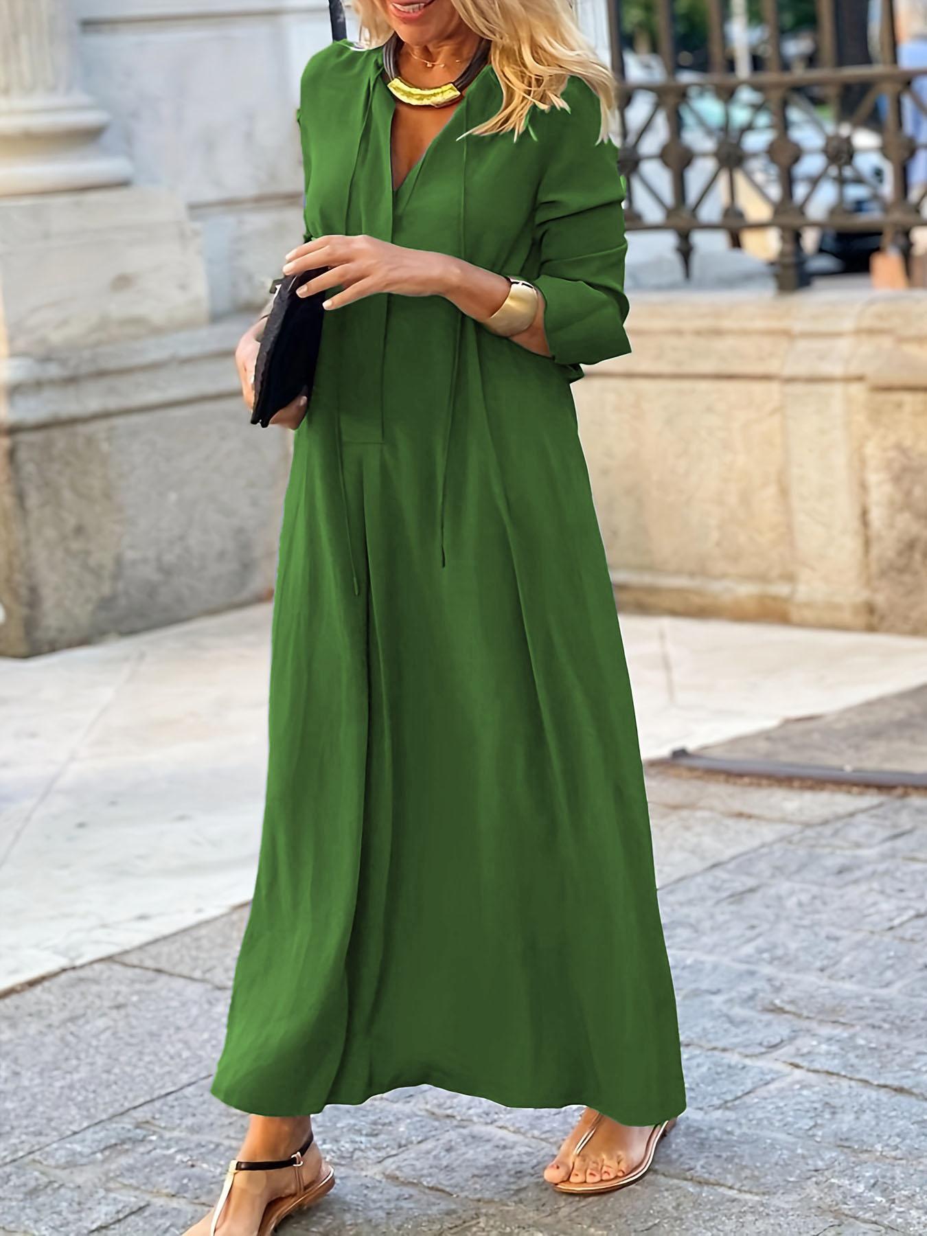 Plus Size V Neck Tie Front Maxi Dress, Loose Fit, Curvy Friendly Vacation Long Dress