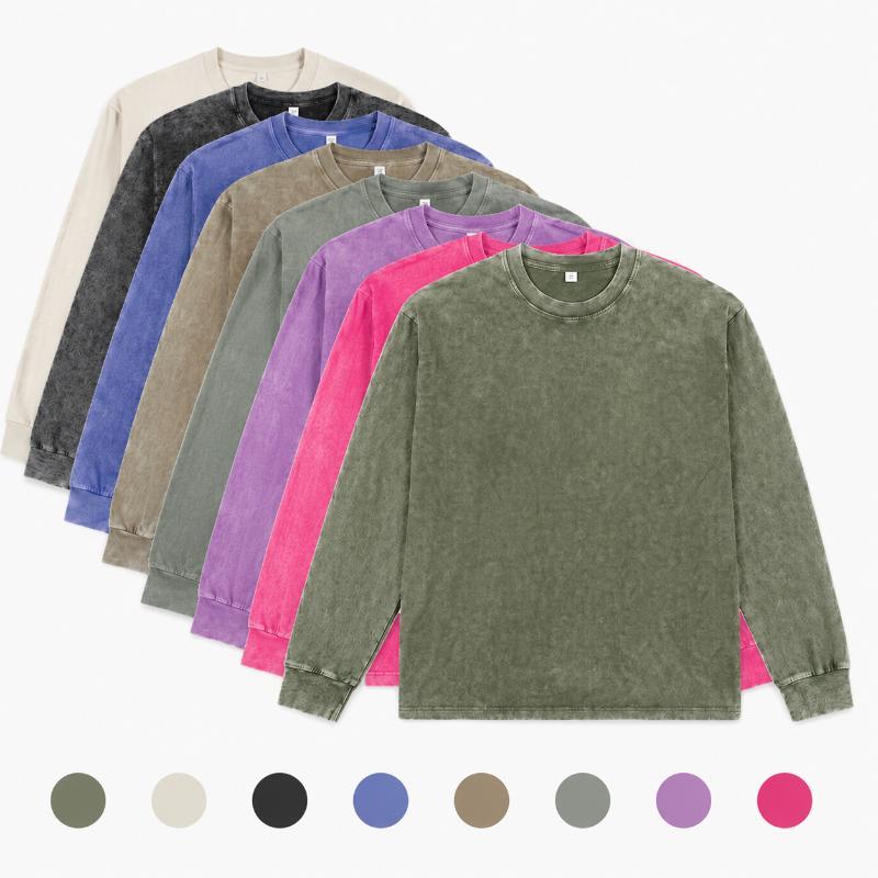 Men's Long Sleeve Crew Neck T Shirts 1/4 Pack, Vintage Washed Casual Tops, Pure Cotton Basic Shirts, Distressed Retro Style Tees, Loose Fit Pullover Clothing, Daily Wear Essential, Streetwear Inspired Fashion Outfit