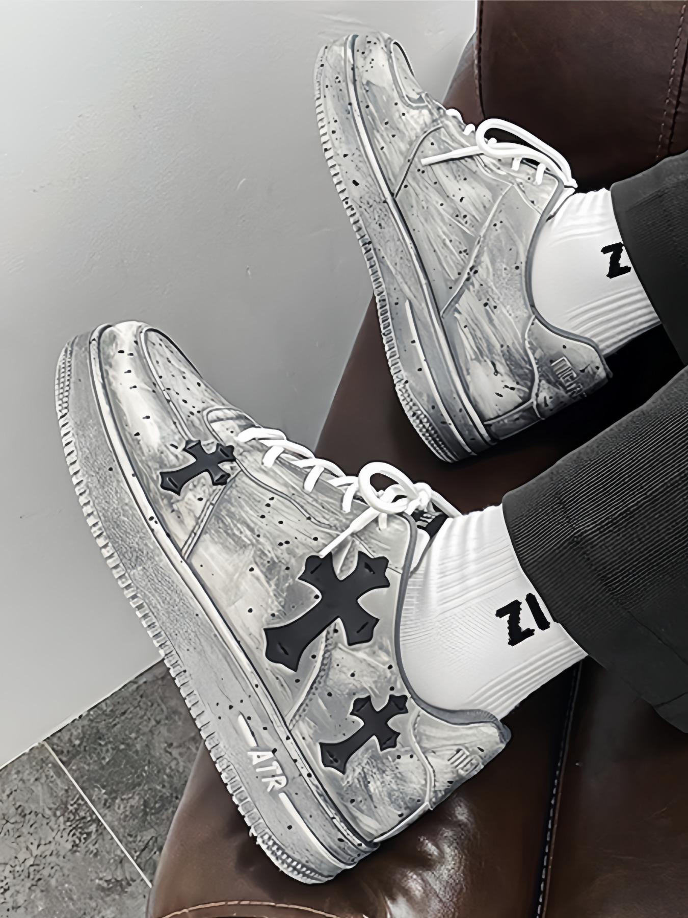 Men's Vintage Cross Sneakers, PU Leather Mid Top Casual Shoes, Soft Comfortable Non-Slip Design, Perfect for Daily Wear