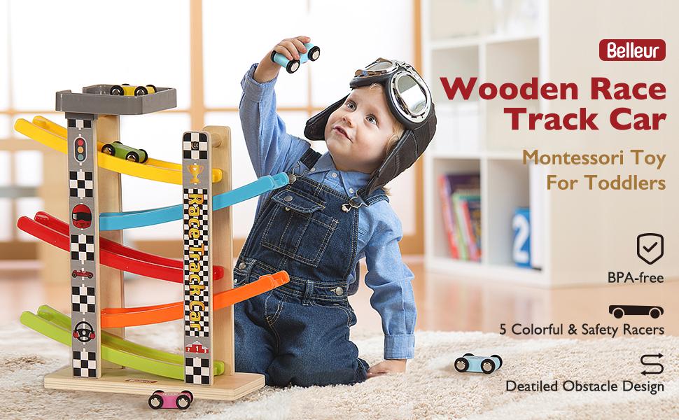 EDUTREE Toddler Toys Wooden Car Ramp Racer Toy Vehicle Set with 7 Tracks Mini Cars Race Tracks Montessori Inspired Gift for Boys Girls Play Playset Tricycle