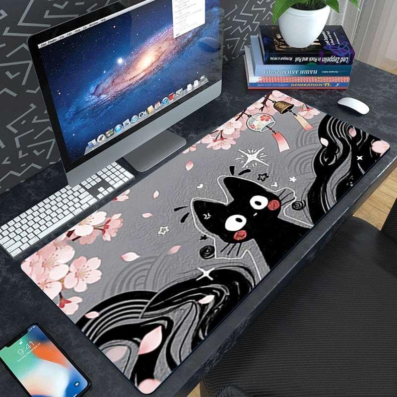 Large Anti-Slip Rubber Mouse Pad, Cherry Blossom Bell Cat Illustration, Gaming Office Desk Mat, Perfect Holiday Gift