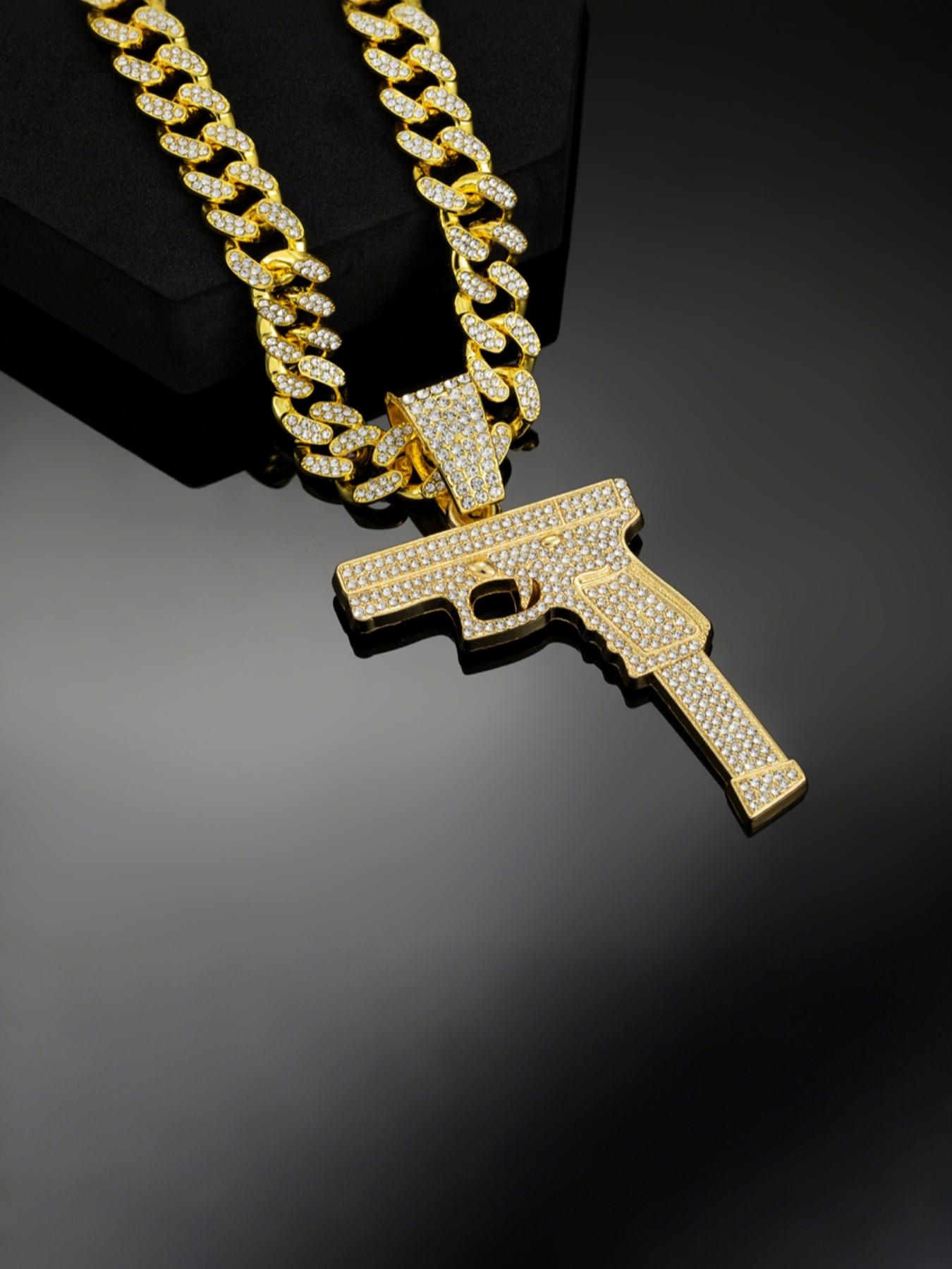 Hip Hop Gun Shape Zircon Pendant Necklace, Alloy Cuban Link Chain Street Style Art Culture Jewelry, Unisex Hipster Fashion Accessory