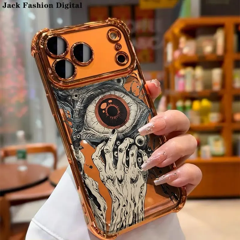 Orange Eyeball Monster Phone Case - Glossy Orange Base, Spooky Black & White Line Art, Edgy Style Shockproof Cover for iPhone 18 ProMax,17,16,11-15 Plus (i18/i17/i16+), Samsung S25,S26,S23 Ultra - Daily Protection