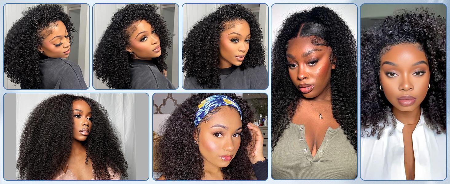Bling Hair Kinky Curly Half Wig Human Hair 3 In 1 Seamless Flip Over Half Wigs Human Hair Glueless Wear and Go Beginner Friendly 180% Density Elastic Drawstring Headband Half Wigs for Black Women 18 Inch