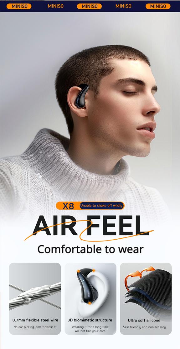 Miniso X8  Wireless OWS open Ear Headphones Bluetooth 5.4 IPX6 Waterproof Bone Conduction Earphones Over Ear Headphones for Running,Working Miniso X8 TWS Not In Ear Headset for iPhone Android Phone HiFi Sound Electric Audio Earbuds