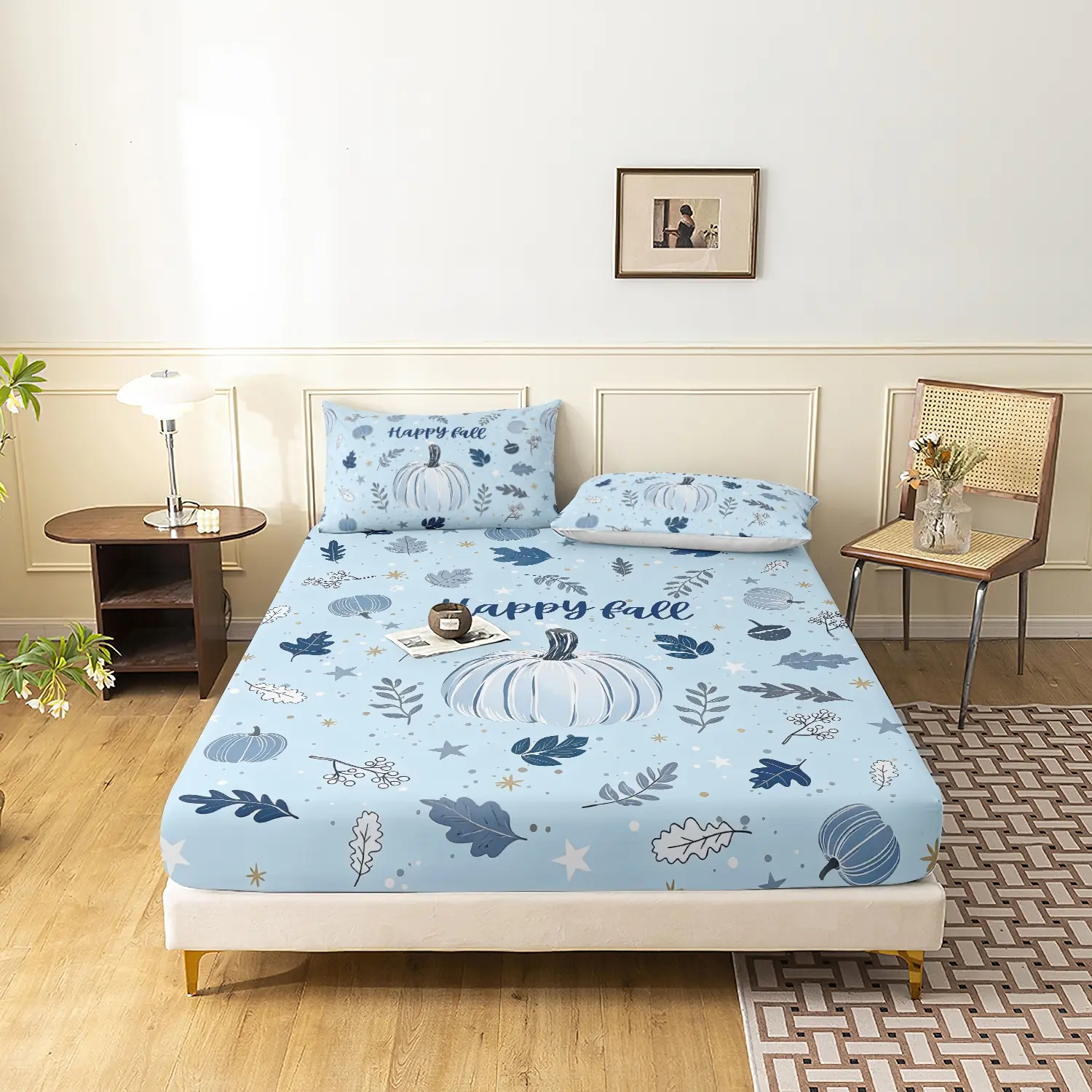 3Pcs Happy Fall Blue Pumpkin Fitted Sheet Bedding Set, Autumn Leaves Star Print Bed Linen, Cute Fall Thanksgiving Sheet Set, Included 1Fitted Sheet & 2*Pillowcase, Farmhouse Fall Bedroom Home Decor